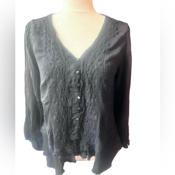 Johnny Was Black Embroidered Ruffle Lace Small Whimsigoth Boho Dark Romantic NWT - Picture 1 of 10